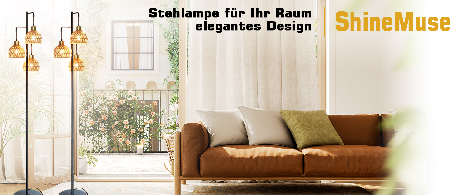 Стійка лампа ShineMuse Boho з ротангу, чорна, вінтаж, 170 см, 3 E27, LED, диммер, для вітальні