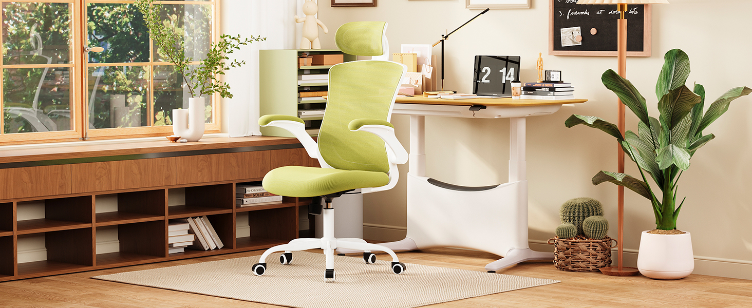 Офісне крісло Colamy з ергономічною підтримкою спини, регульованою підголівником та поперековою підтримкою, поворотне, (Зелений, Classic)