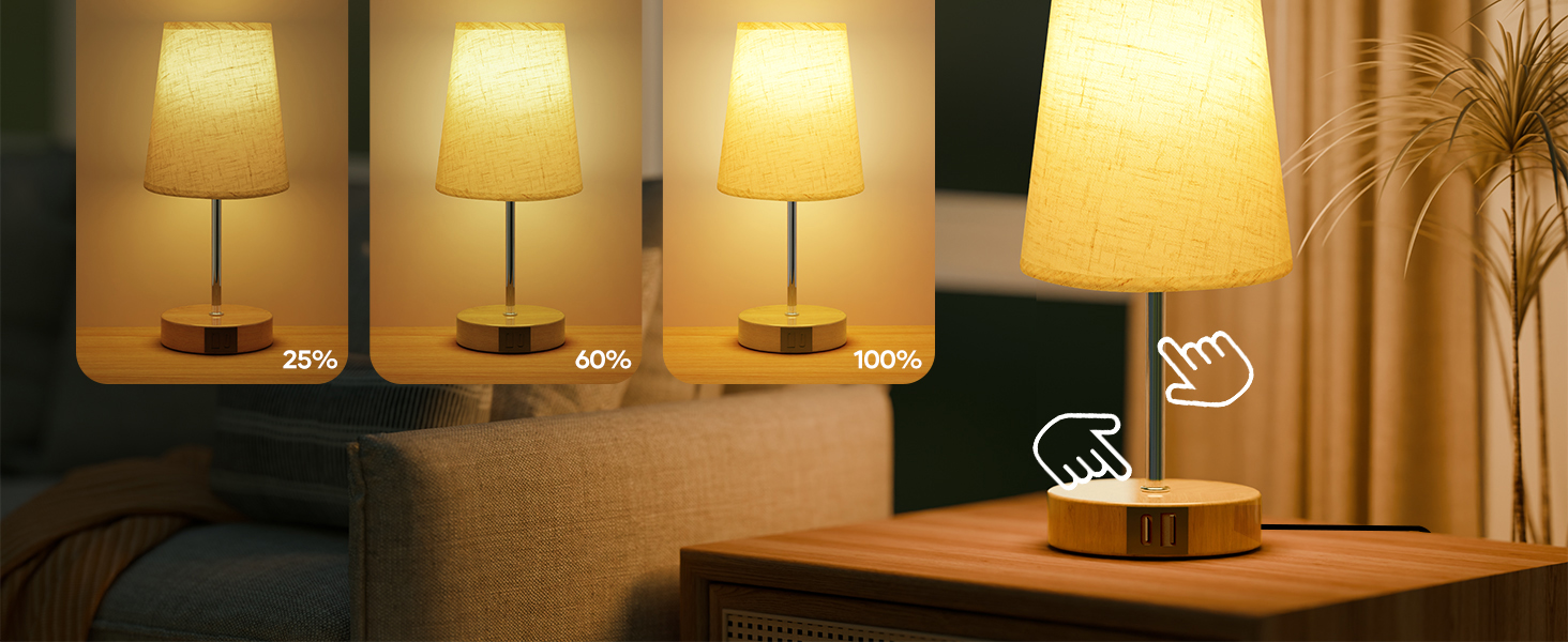 Нічна лампа Suright з торшером з льону, USB-портами A+C, регулюванням яскравості, дерев'яною основою, для спальні/вітальні (LED-лампочка в комплекті), Бежева