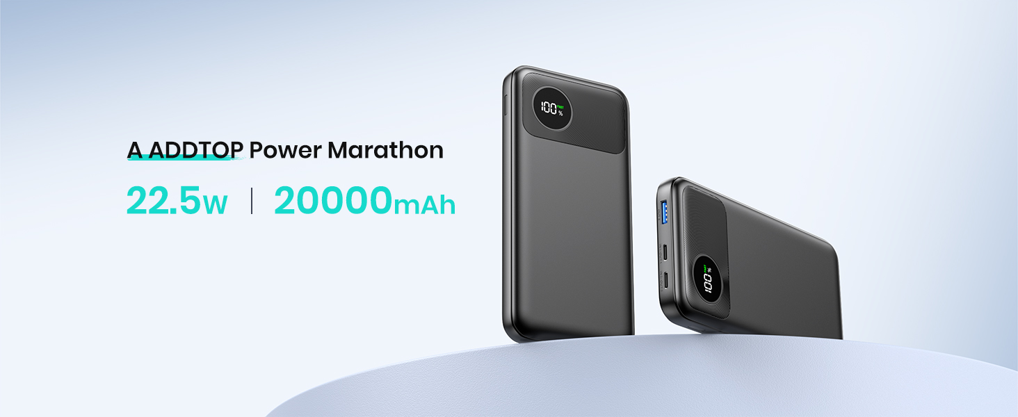 Power Bank A ADDTOP 20000mAh з LED-дисплеєм та швидкою зарядкою 22,5W (2 USB-C, 3 виходи, 2 входи) - чорний