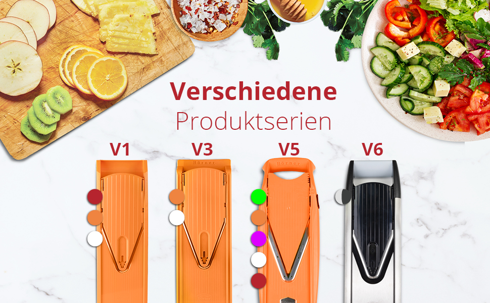Овочерізка Börner V3 Plus з піддоном і спіральним ножем, регульована, для скибочок, соломки та кубиків, помаранчева