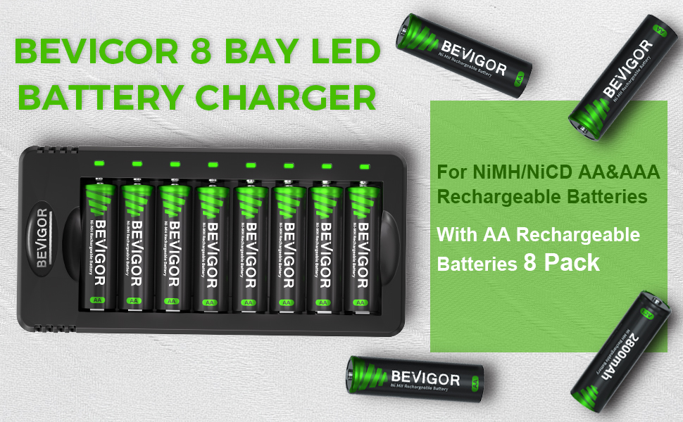 Набір акумуляторів AA NI-MH від Bevigor: 8 шт. + зарядний пристрій, 8 позицій