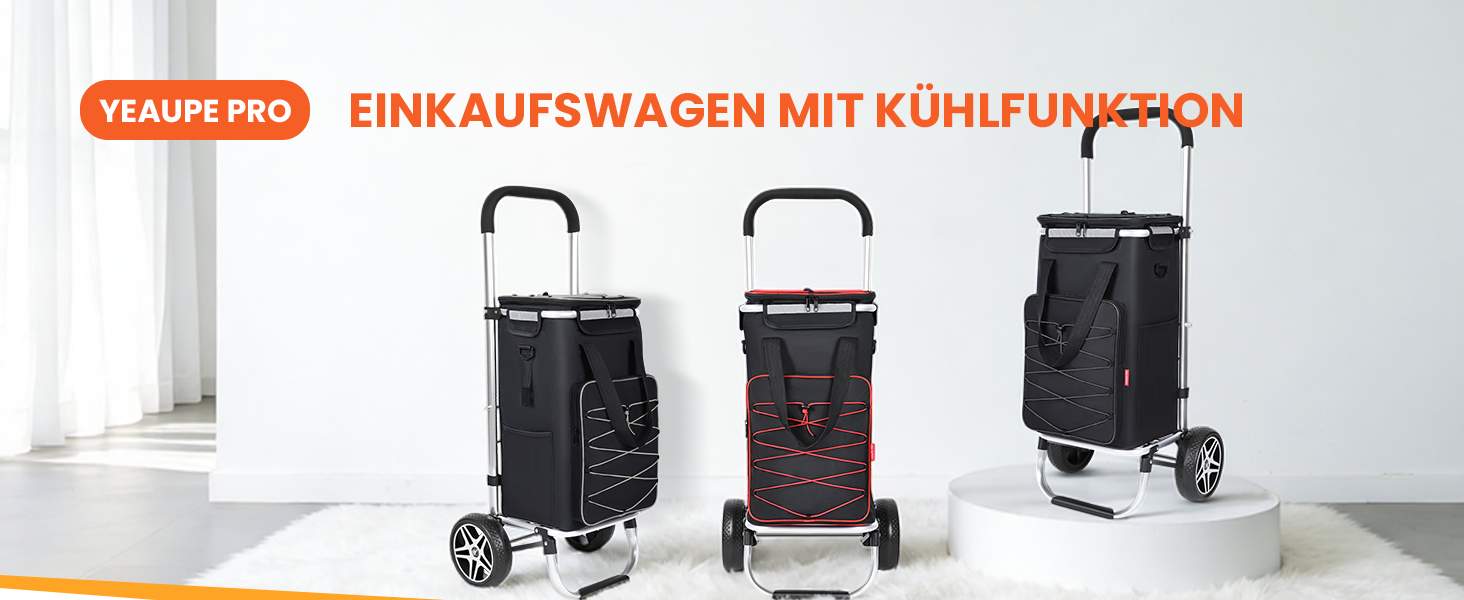 YEAUPE PRO Кухоль-тележка 3в1 з термоізольованим відділенням, 50л, знімний мішок, вантажопідйомність до 25кг, бічні кишені та відкривачка для пляшок (Чорний), не складається