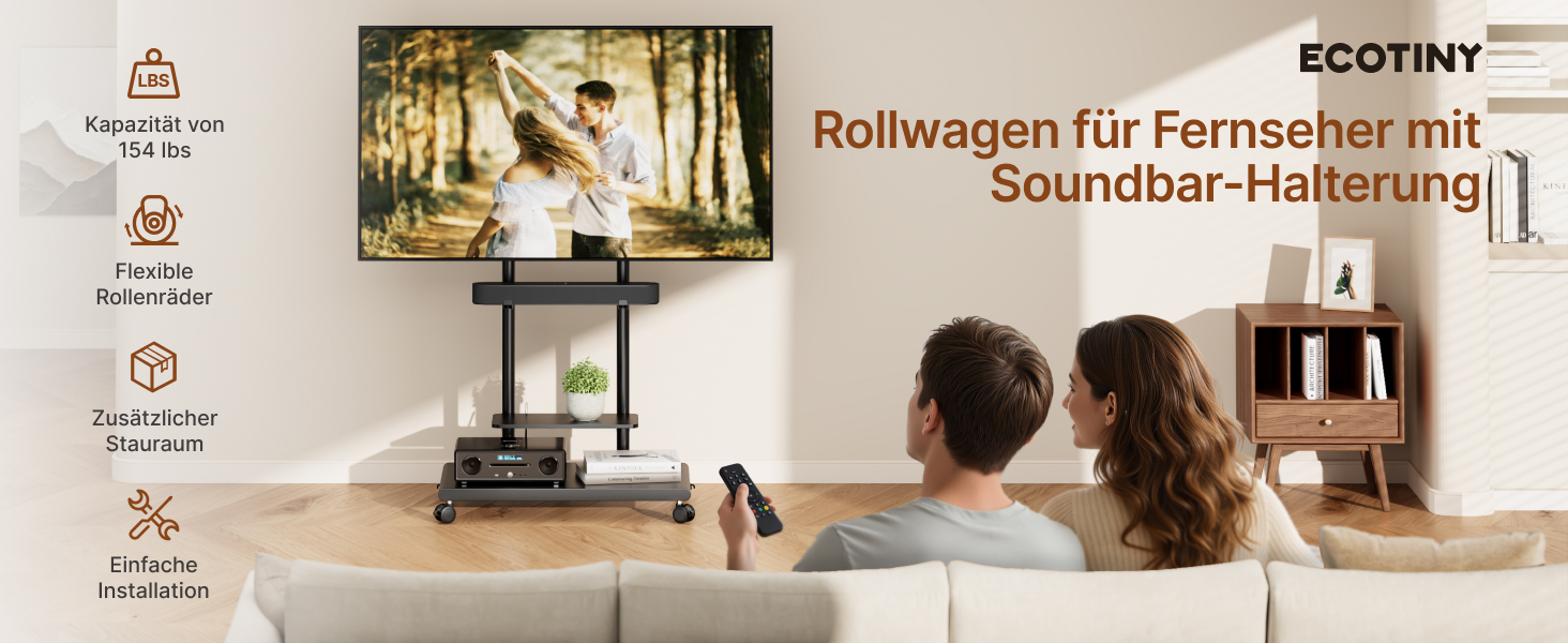 Підставка для телевізора на колесах з кріпленням для саундбару, 50-90 дюймів, до 70 кг, регульована висота та нахил, MAX VESA 600x400 мм