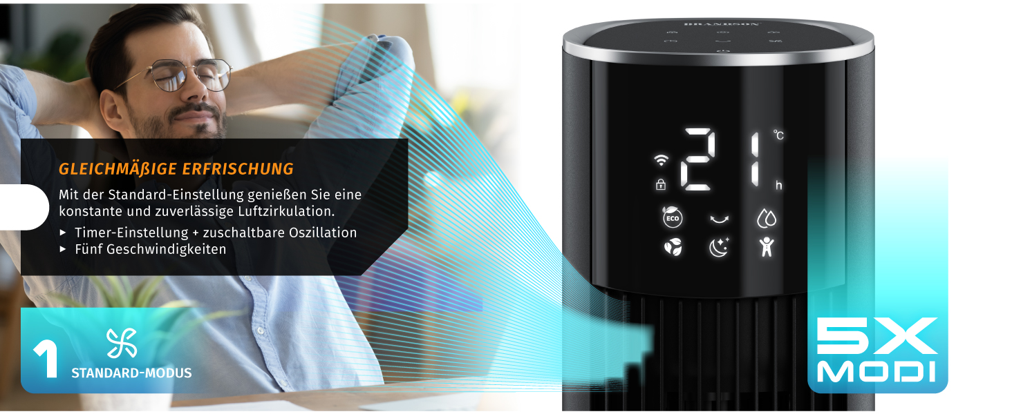 Вентилятор Tower Brandson ECO GREEN з водяним охолодженням, Wi-Fi, управління Alexa – мобільний кондиціонер, чорний