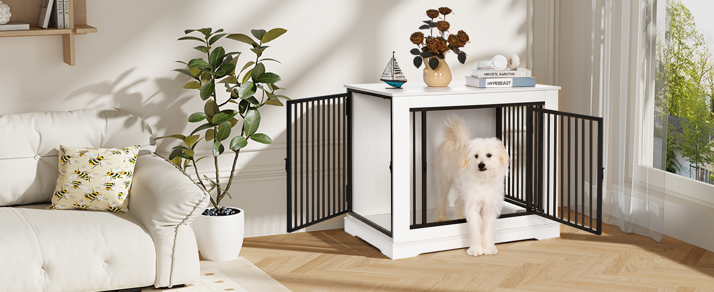 BEWISHOME Клітка для собак, 81 см, Біла, з 3 дверцятами, для дому, з функцією столику, для маленьких/середніх собак, EMGL03W