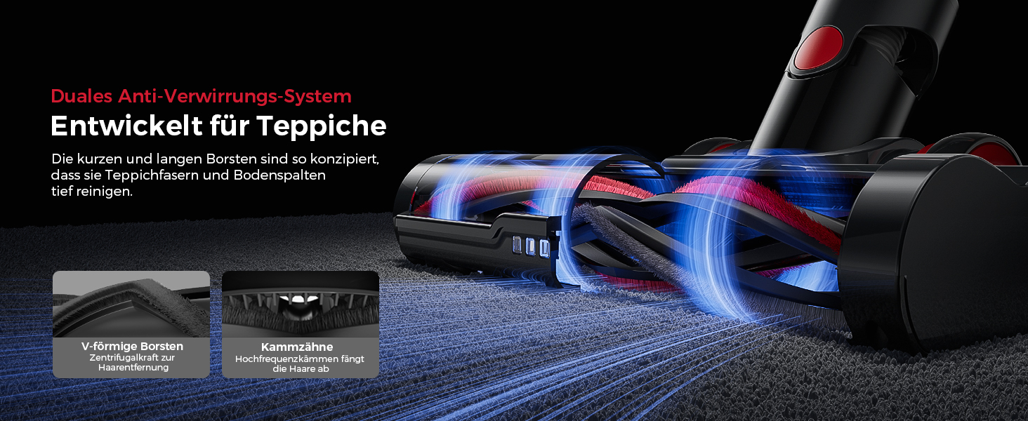 Бездротовий пилосос 48000Pa/550W з акумулятором, 70 хвилин роботи, об'єм 1.6л, 8-шарова фільтрація, тихий, з антизаплутуючим насадкою для твердих поверхонь, червоний, Rot 15 Ultra