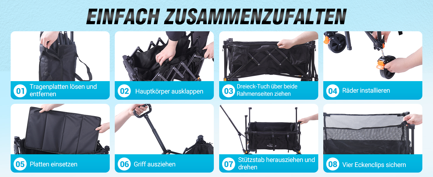 Візок-теліжка Elegear Bollerwagen 200л для пляжу, саду, кемпінгу з гальмами, 2 тримачі для напоїв, 2 бічні кишені, чорний