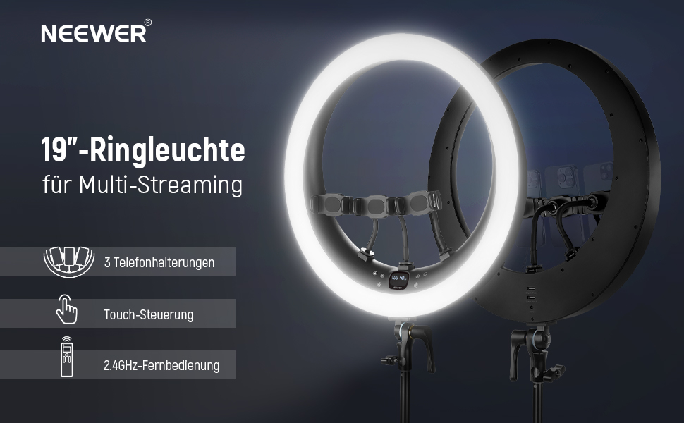 NEEWER Ringlicht RP19H 19 дюймів з триподом та 3 тримачами для телефону, дистанційне керування 2.4G, плавне регулювання яскравості, LCD та сенсорне керування, 42W CRI 97+ 2540 Lux, для стрімінгу, дому, офісу, Zoom, освітлення кільцеве світло з пусковим пристроєм