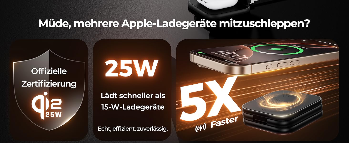 Зарядна станція KU XIU X40 Turbo Qi2.2 25W 3-в-1 для iPhone 17/16/15/14/13/12, Apple Watch та AirPods, складна бездротова зарядка, алюмінієвий адаптер GaN 45W (Чорний)