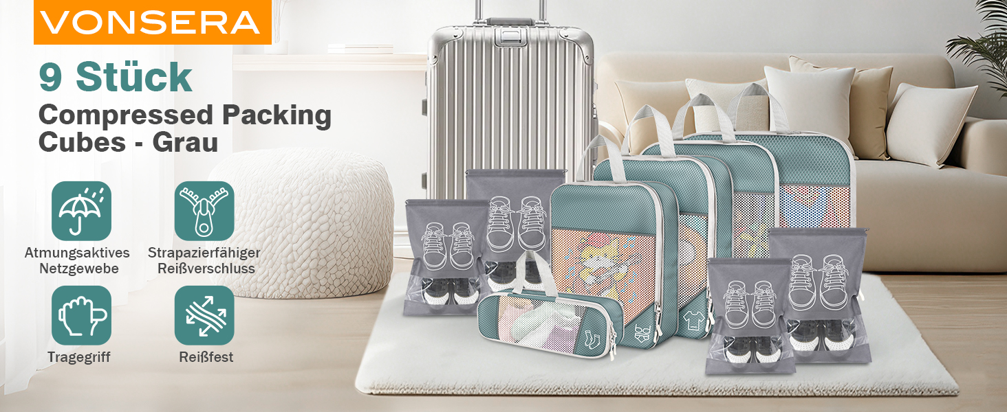 Органайзер для валізи, набір Packing Cubes (9 шт.) з компресією та чохлом для взуття, сірий. Водонепроникні та дихаючі кишені для подорожей та переїзду.