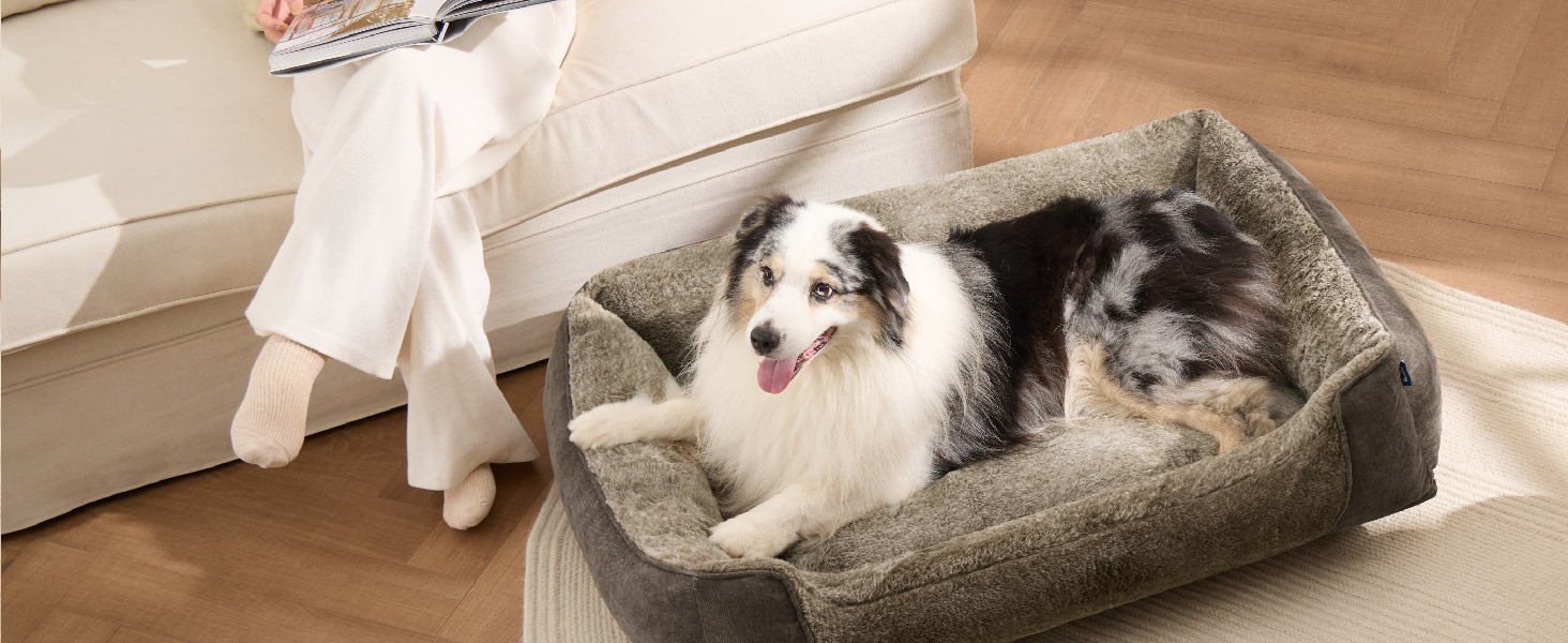 Ліжко для собак Bedsure великих порід – 89x63x17 см, зручне собаче ліжко з м'якою підстилкою, знімний та пральний чохол, антиковзаюча підкладка, сіре, L 89 x 63 x 17 см