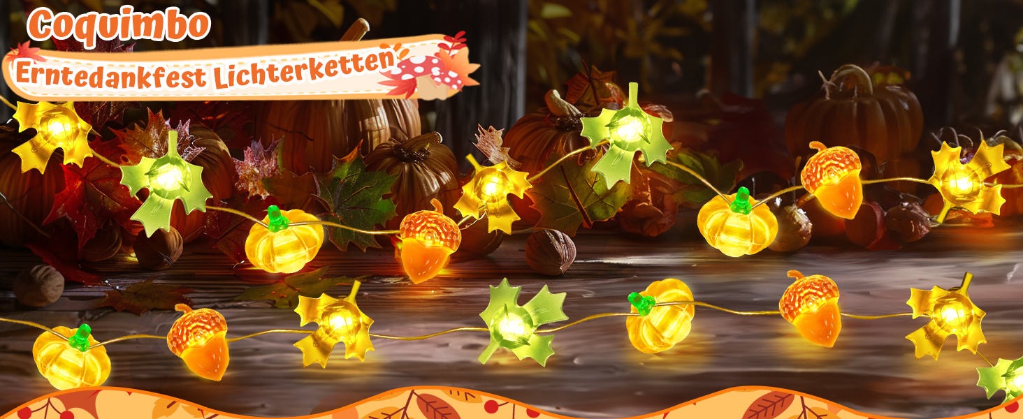 Льорочка декоративна LED, 3м, 30LED, з гарбузами, кленовим листям та жолудями для прикраси інтер'єру та екстер'єру, на батарейках. Ідеально для осіннього декору, Дня подяки, Хелловіну.