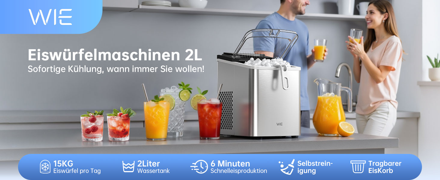 Машина для приготування льоду WIE 1.3L, 9 кубиків за 6 хвилин, тиха, самоочисна, для кухні, офісу, бару, вечірки (срібляста)
