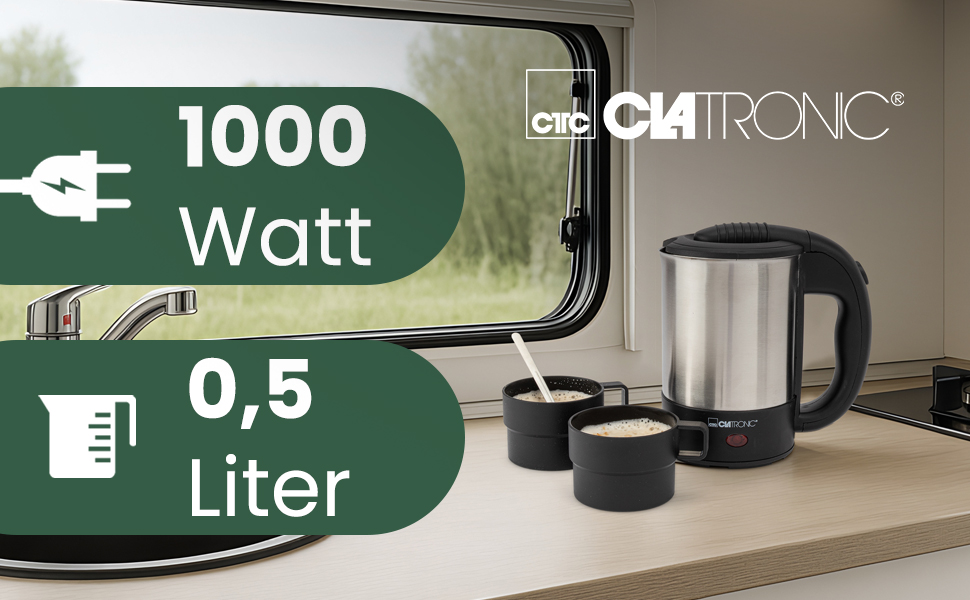 Електричний чайник Clatronic WKS 3692: 1,5 л, нержавіюча сталь, без BPA, для дому та подорожей (з чашкою)