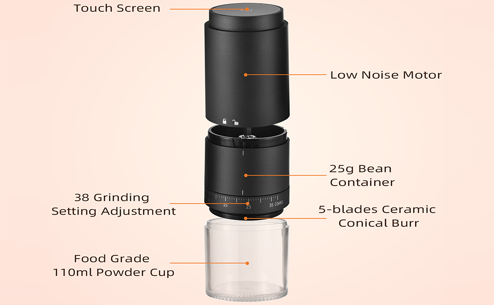 Трагева кавомолка Irishom з 38 ступенів помолу, цифровим дисплеєм, керамічним жорном з 5 лезами, кнопкою Start/Stop та автоматичним вимкненням, портативна електрична кавомолка