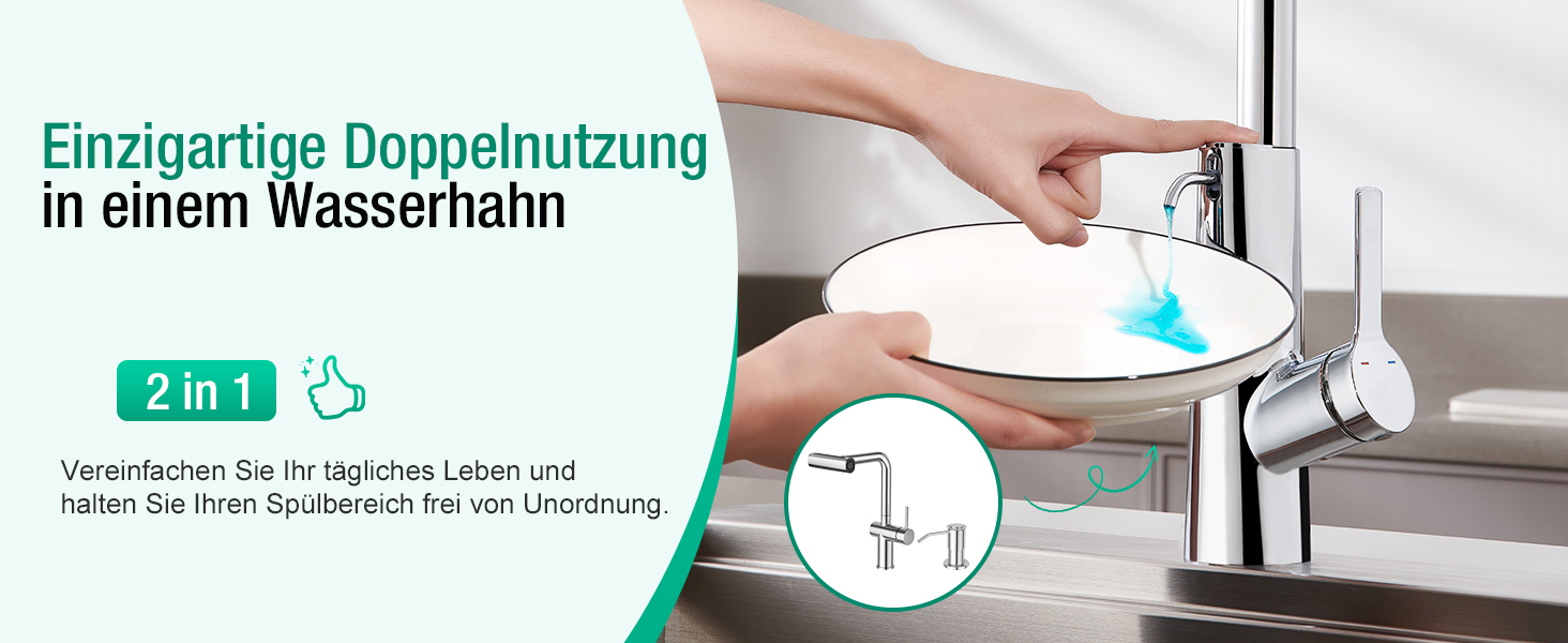 Кран кухонний водопровідний CREA Wasserfall висувний з дозатором мила, нержавіюча сталь, 360° обертання, 4 режими, хром