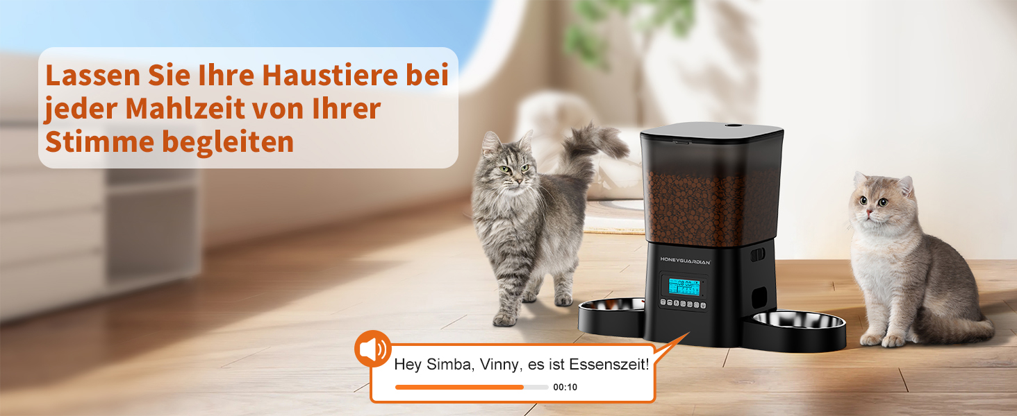 Автоматичний годівник для котів HoneyGuaridan з двома мисками, 3.5л, для котів та собак, з функцією запису голосу, чорний
