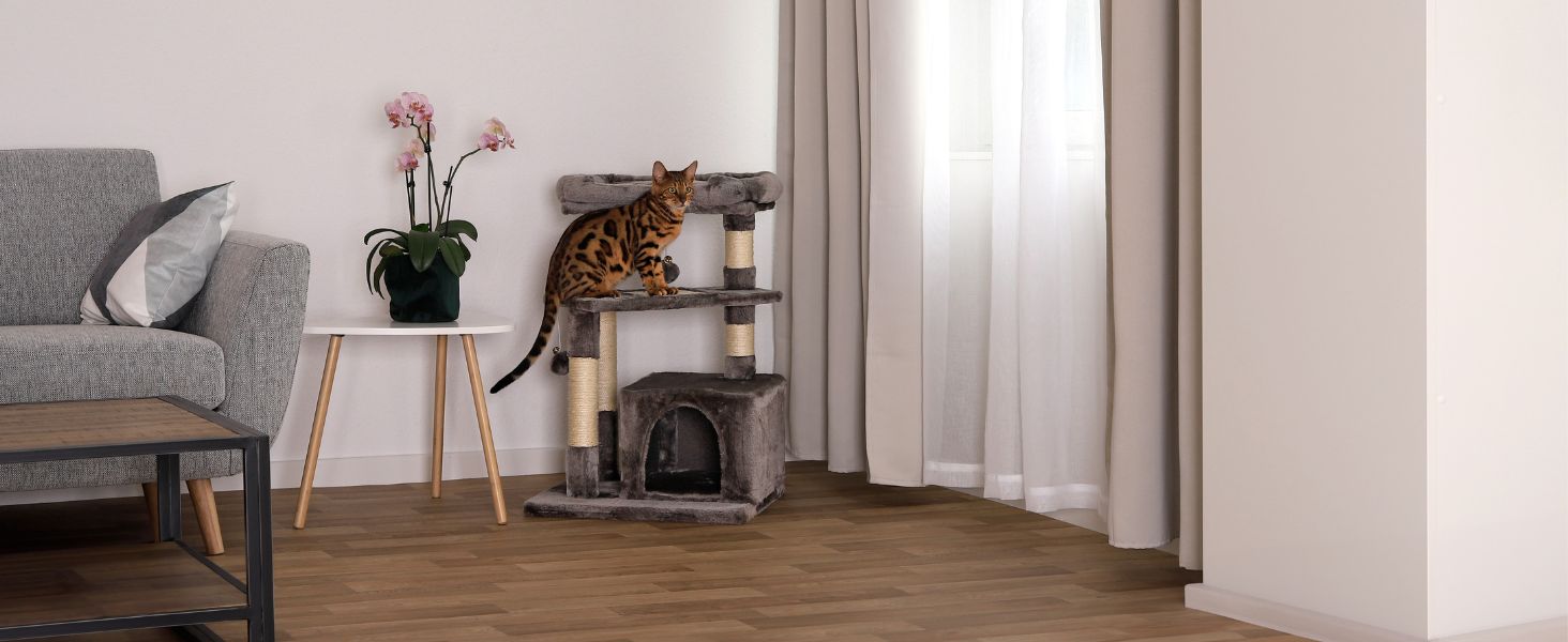 Котячий будиночок Lionto з лежанкою та печерею, 75 см, з сизалевого мотузка та плюшу, 2 м'ячики з дзвіночками, для кошенят та дорослих котів, сірий