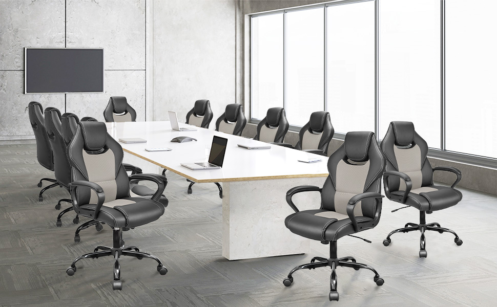 Офісне крісло BASETBL для роботи та ігор, 150 кг, ергономічне, з PU шкірою, регульовані підлокітники, функція гойдання (сірий)