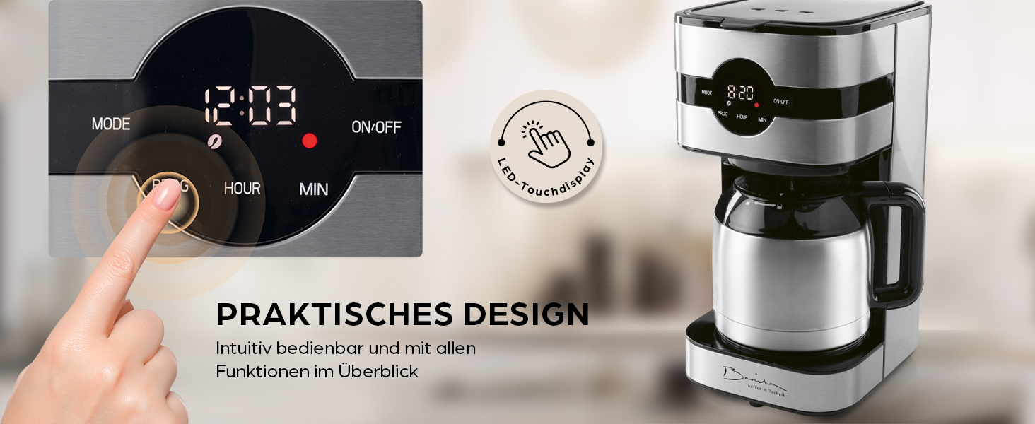 Кавомашина Barista Filterkaffeemaschine з термоканавою, таймер 24 год, постійний фільтр, для 8 чашок кави, для кавової гущі [з нержавіючої сталі] 2) Термокана з нержавіючої сталі