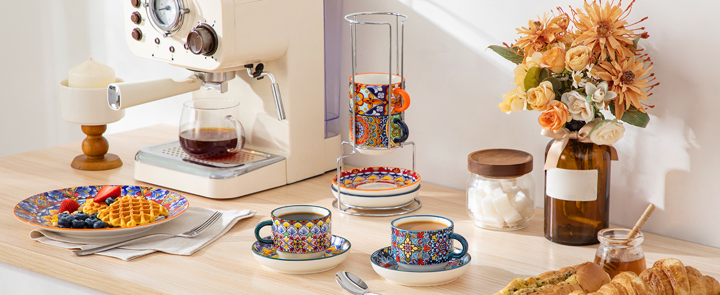 Набір чашок для еспресо Vancasso 4 шт., 150 мл SIMI: чашки з підставками та стійкою, керамічні, для капучино, еспресо, лате