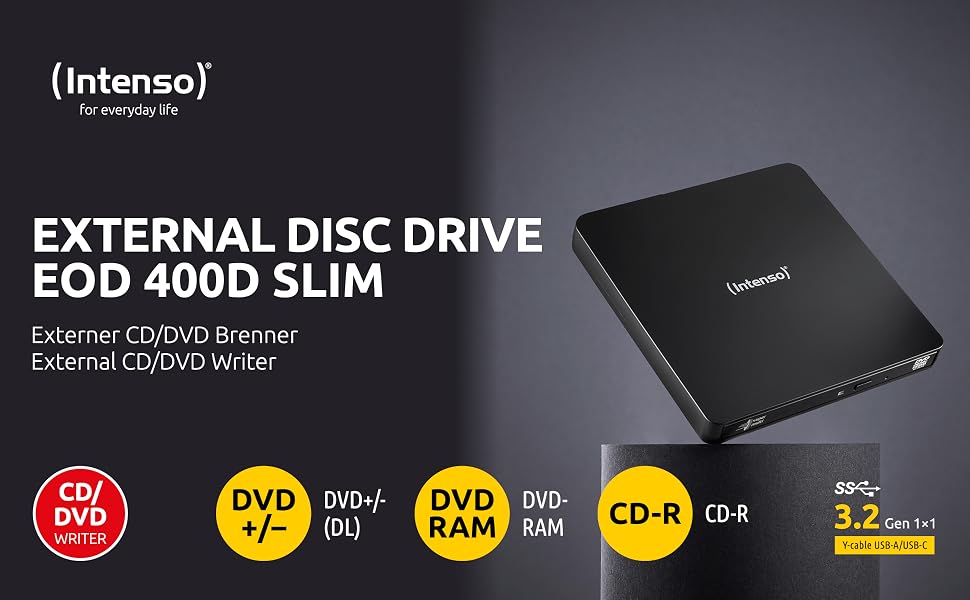 Зовнішній CD/DVD привід-записувач Intenso EOD 400D Slim, USB 3.2 (USB-C та USB-A), для ноутбуків та ПК, Windows та MacOS, чорний