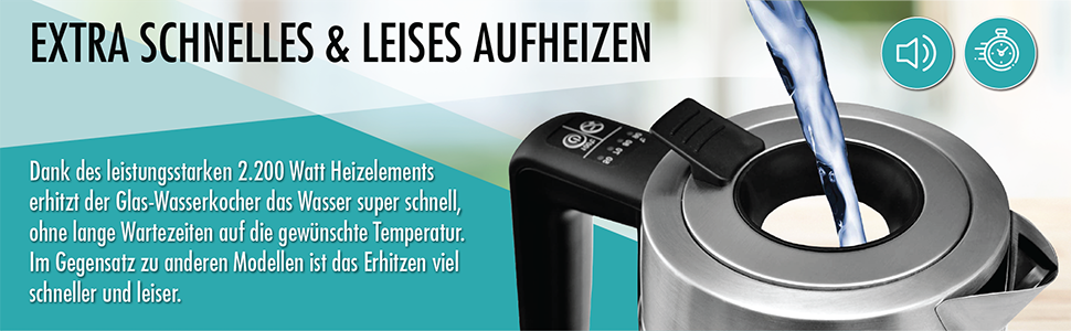 Електричний чайник AMARA з регулюванням температури, 2200 Вт, 2 л, тихий, 50-100°C, EASY-FILL, LED-індикатор температури