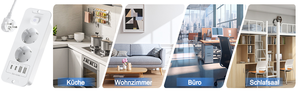 Мережевий фільтр 5-портовий з індивідуальним вимикачем, розгалужувач з 2 USB-A та 2 USB-C, мережева розподільча коробка з вимикачем, мережевий фільтр настінний з 2м кабелем, PD 20W - (2 розетки, 4 USB, білий)