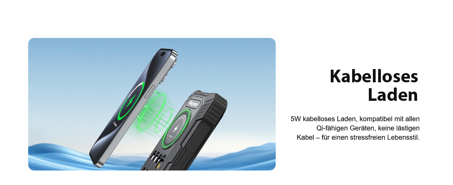 Сонячний повербанк 26800 mAh з 4 кабелями, швидка зарядка USB-C, Qi бездротова зарядка, LED ліхтарик – для телефонів, планшетів, кемпінгу (Чорний)