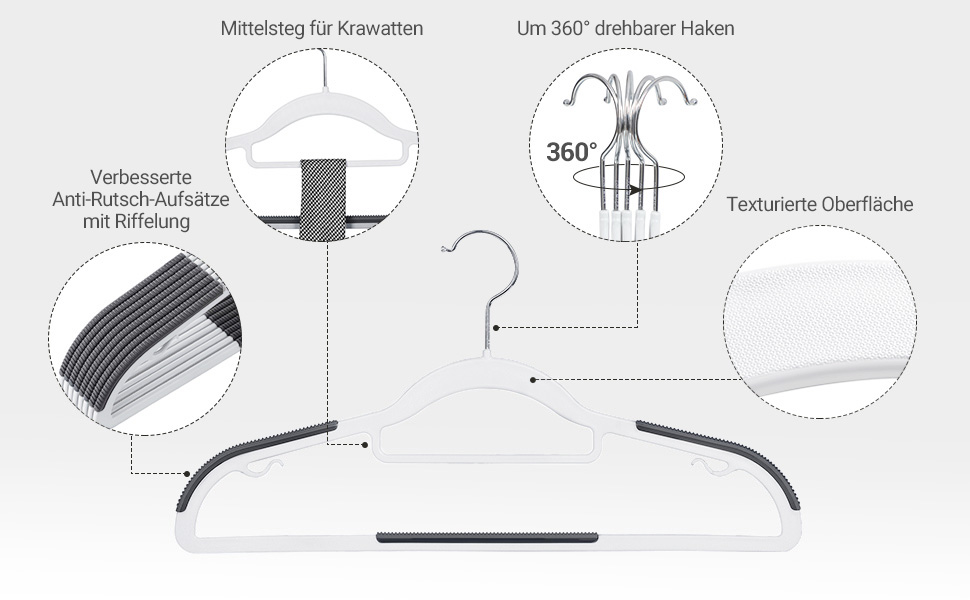 Набір вішалок SONGMICS 50 шт., пластик, антиковзаючі, компактні, товщина 0,5 см, 42 см, поворотний гачок 360°, срібло, білий + темно-сірий