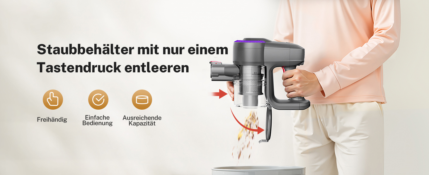 Бездротовий акумуляторний пилосос з потужністю 25000Pa, 175W, час роботи 50 хвилин. Бездротовий ручний пилосос з антизаплутаною насадкою та вертикальним паркуванням, легкий. Підходить для килимів, твердих підлог, видалення шерсті тварин. Колір: фіолетовий