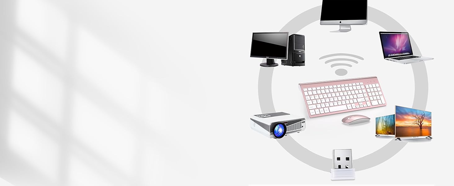 Комплект клавіатури та миші TopMate 2.4G Ultra Slim: тиха клавіатура з перемикачами Schissschalter та миша 2400DPI USB, з чохлом та батарейками AA/AAA, для ПК/ноутбука/Windows/Mac (Рожеве золото, Білий)