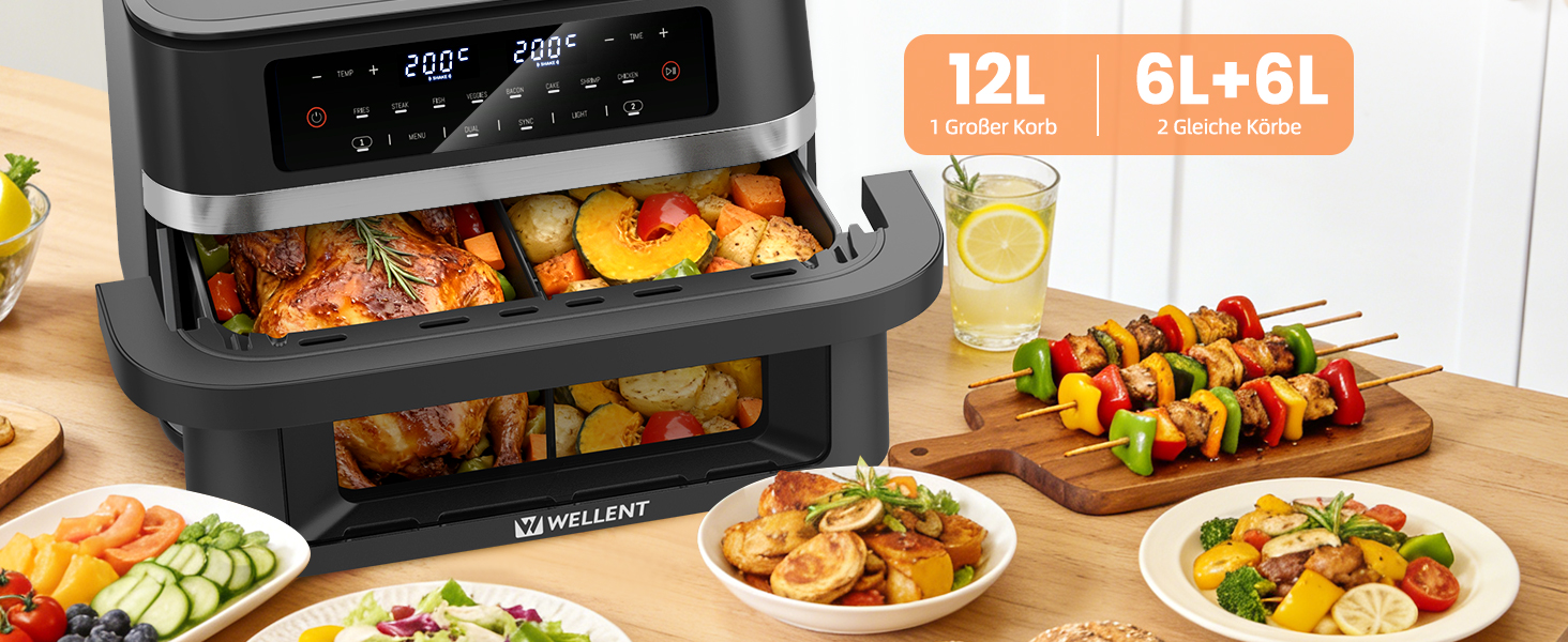 Аерофритюрниця WELLENT 12л з двома камерами (4+7л) 2600 Вт - 10-в-1, сенсорний екран, функція Match&Sync, миття в посудомийній машині