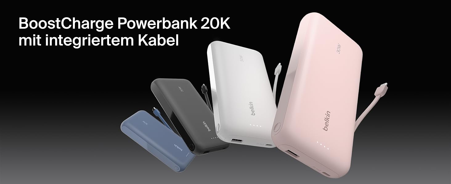 Повербанк Belkin Portable Powerbank 20000 mAh з вбудованим кабелем USB-C, швидка зарядка PD 30W для iPhone 16, iPad Pro, Samsung Galaxy S25, рожевий