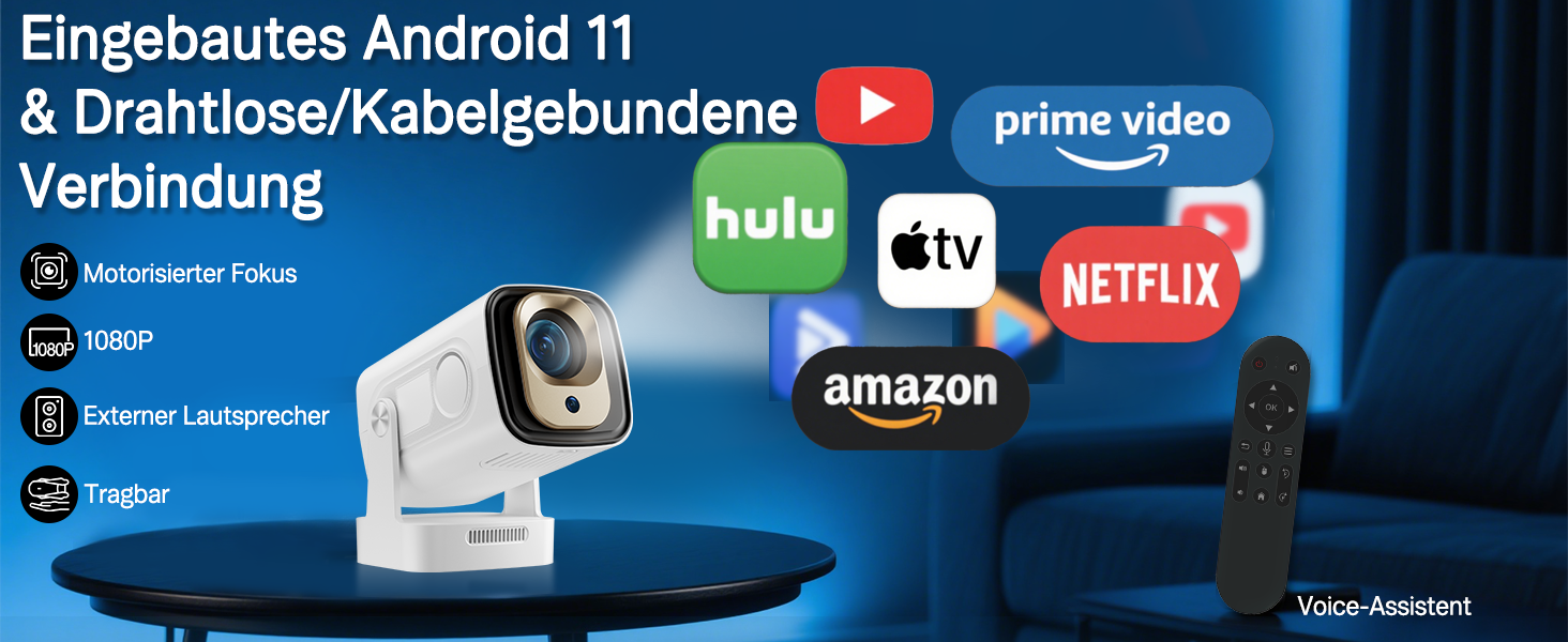4K Міні-проектор Beamer для домашнього кіно з Wi-Fi 6 та Bluetooth 5.0, 170 ANSI Lumen, Android 11 (HY260pro)