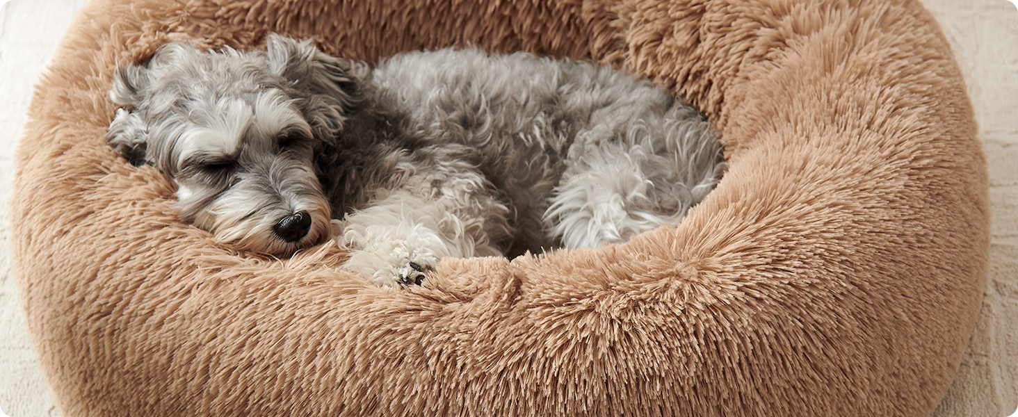 Крісло-лежанка для собак та котів Feandrea, м'яке, у вигляді подушки-донуту, 60 см, Ombré-Grey, знімний наповнювач, довгий плюш, 70x70x20 см, верблюжий колір