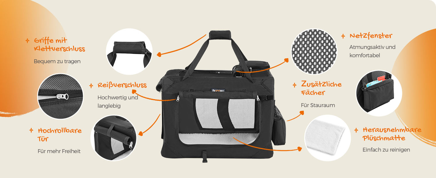 Клітка для собак Feandrea, переноска для собак, чорна, 60 x 42 x 42 см, з ручками та кишенями