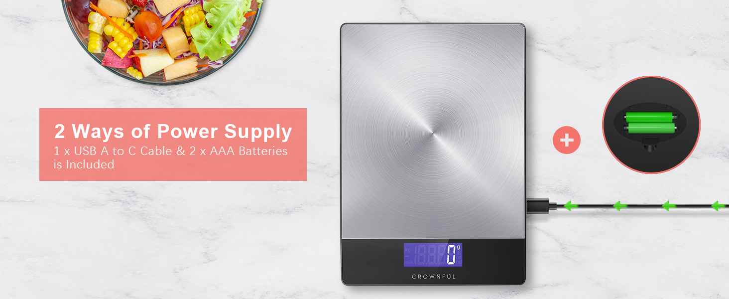 Кухонні ваги CROWNFUL з підзарядкою, до 15 кг, цифровий дисплей LCD, нержавіюча сталь 304, для приготування їжі та випічки