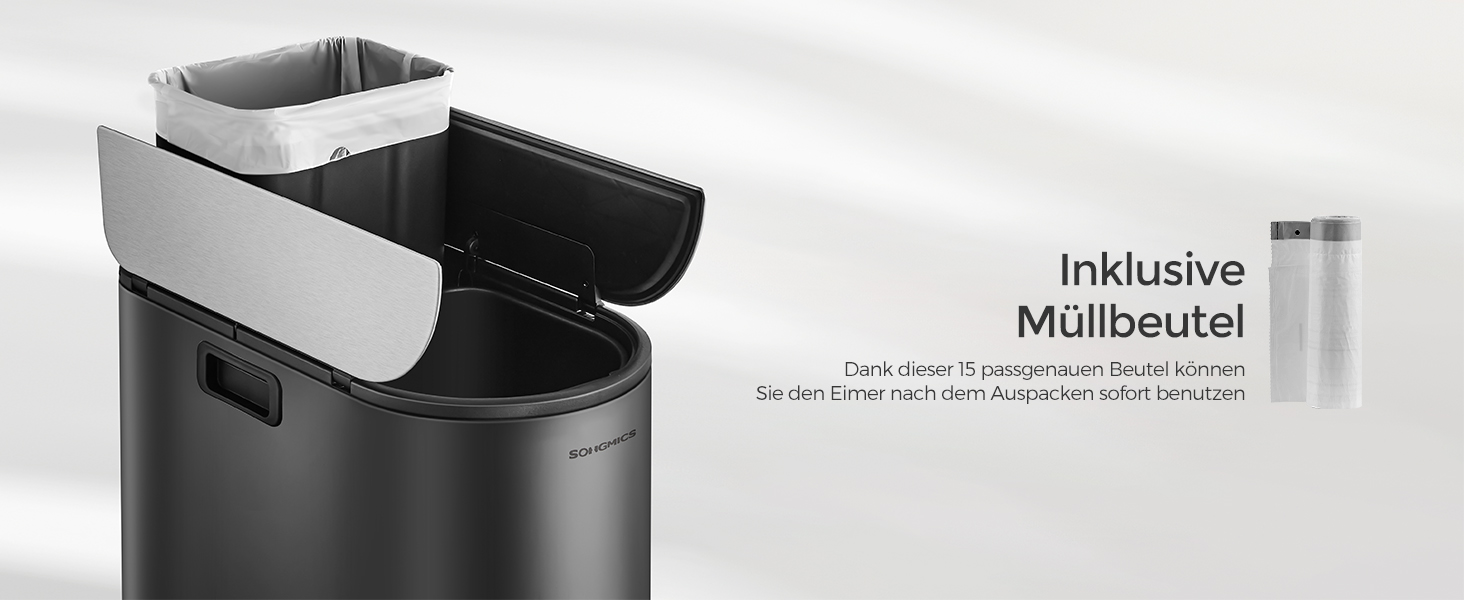 SONGMICS Відро для сміття кухонне, сортувальник 2 відділення, 30 л та 20 л, вузьке, з педаллю, для переробки та сміття, з двома кришками, білий + металік