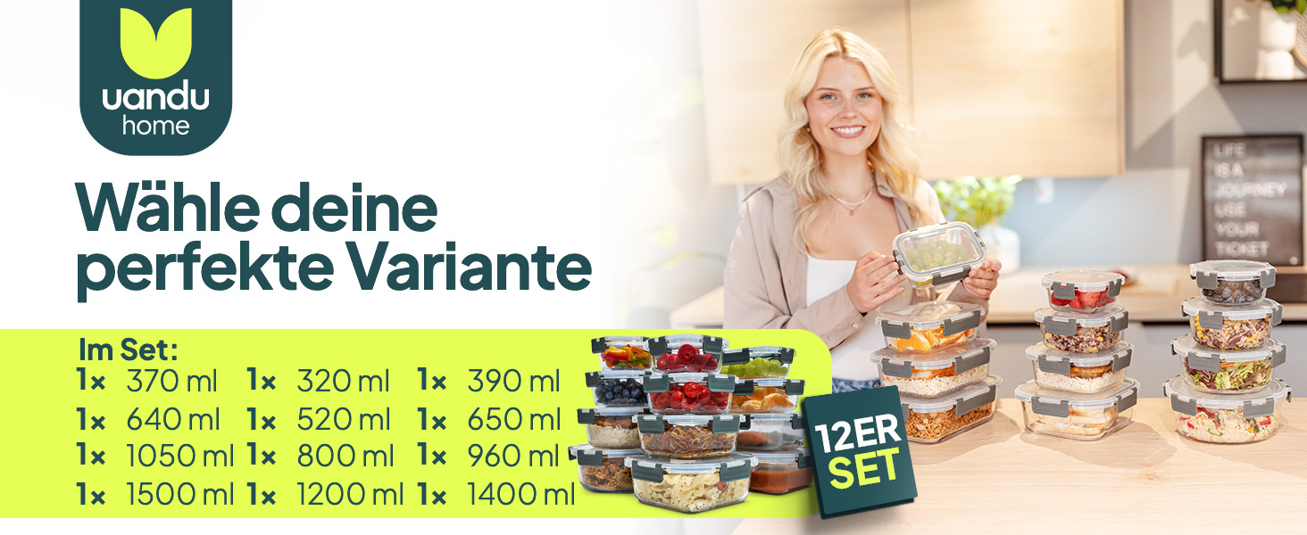 Набір контейнерів для їжі Uandu з кришкою (10 шт.) – контейнери для зберігання їжі з скла, BPA-free, придатні для миття в посудомийній машині, мікрохвильовій печі та морозильній камері, антрацит