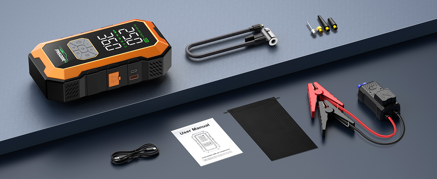 Пусковий пристрій (бустер) 8000A з компресором 150PSI та Powerbank 25000mAh для авто (бензин до 12л, дизель до 10л), з LED-ліхтарем, помаранчевий