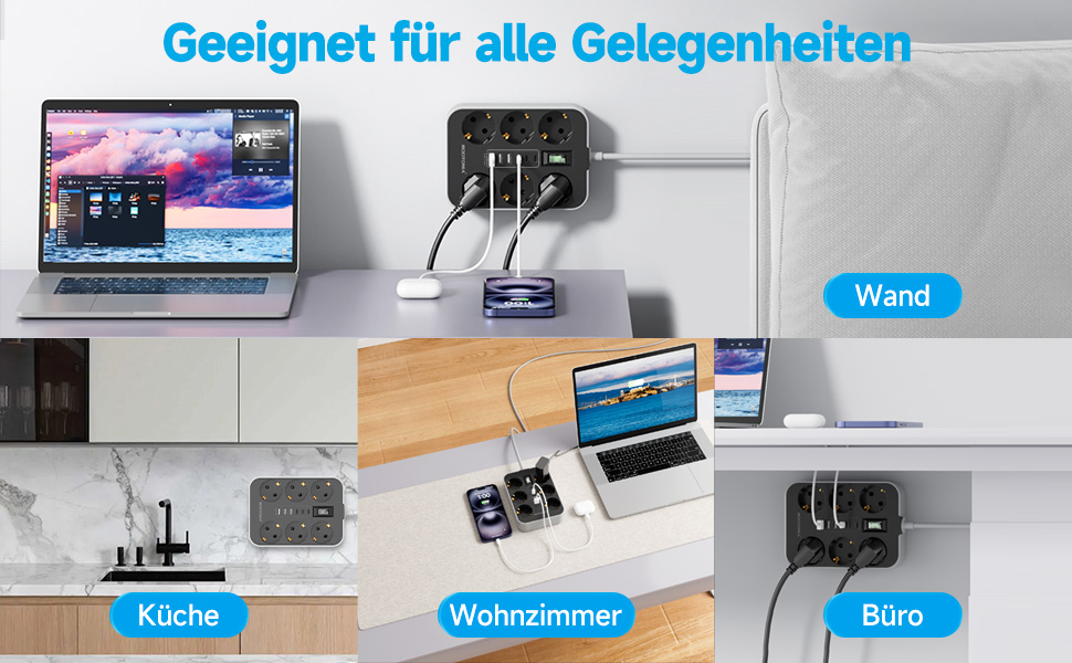 Мережевий фільтр 6-фазний з USB (3 USB-A, 3 USB-C), настінний, з вимикачем та кабелем 2м, захист від перенапруги, чорний