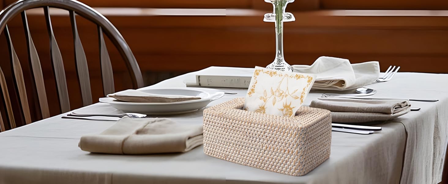 Склянка для серветок з ротангу, плетена коробка для серветок прямокутної форми, декоративна склянка для серветок для кухні, вітальні, ванної кімнати (біла)