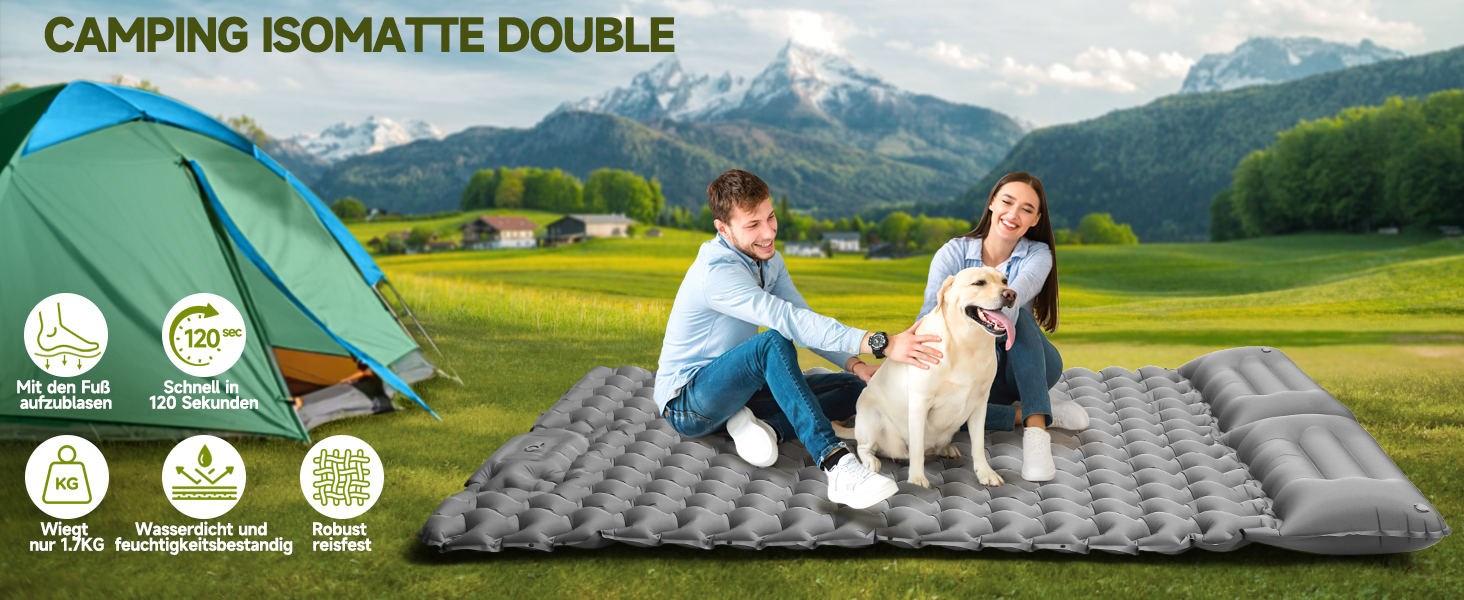 Каремат для кемпінгу Isomatte 9 см, 200x68 см - надувний матрац з подушкою, водонепроникний, для туризму, пляжу, намету (сірий)