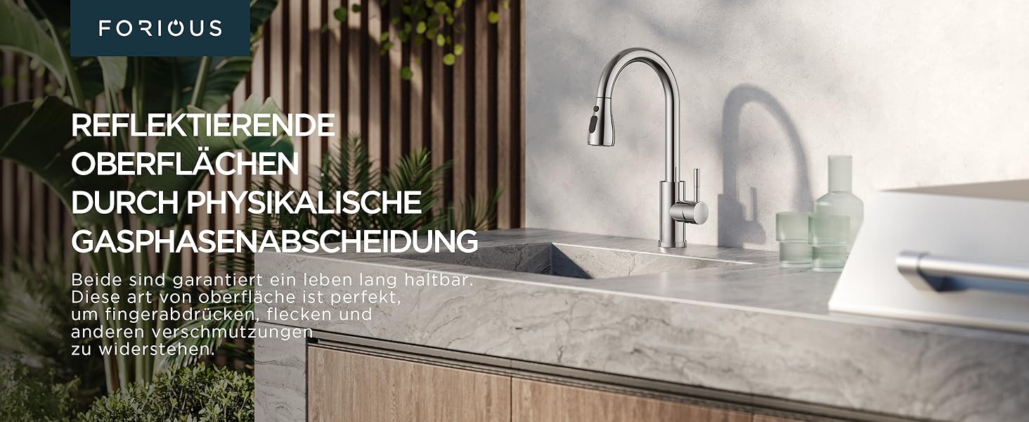 Кран кухонний FORIOUS з висувною лійкою, 360° обертання, 2 режими, хром полірований