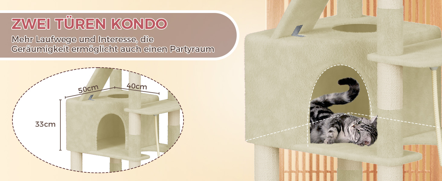 Великий котячий будиночок Kratzbaum 208 см з 3 анти-перекидною системою. Стабільний котячий будиночок XXL з 15 стовпчиками для дряпання, 2 платформами, 2 печерами, 1 рампою для дряпання та гамаком. Для великих котів (Бежевий)