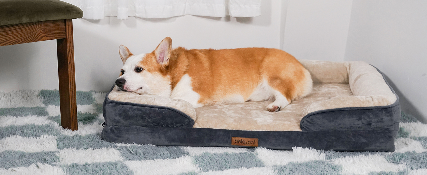 Ортопедичне ліжко для собак BELLA & PAL, 71x59 см - комфортне собаче ліжко з ефектом пам'яті, водовідштовхувальна підкладка, знімний фланелевий чохол, протиковзке дно, сіре