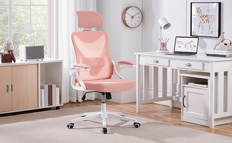 Крісло офісне Yaheetech ергономічне, з підйомними підлокітниками, регульованою підголівником, функцією гойдання, до 136 кг, білий/рожевий