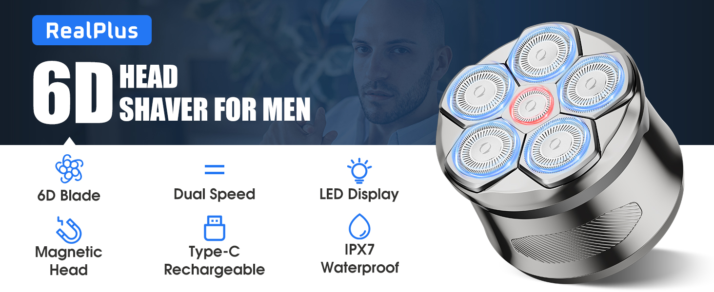Електричний голковий бритва RealPlus для чоловіків з гладкою головою, IPX7 водонепроникний, з LED-дисплеєм, USB-C, час роботи 150 хв
